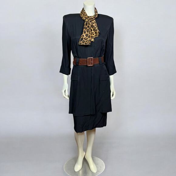 Vintage Studio I Navy Dress with Leopard Scarf & Brown Belt - 80s Size 10 - Picture 1 of 11